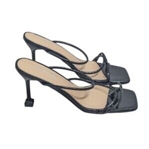 Vivianly Black Leather Size 10 Open Toe Slip-on Slide Spool Sandals 3.5" Heel